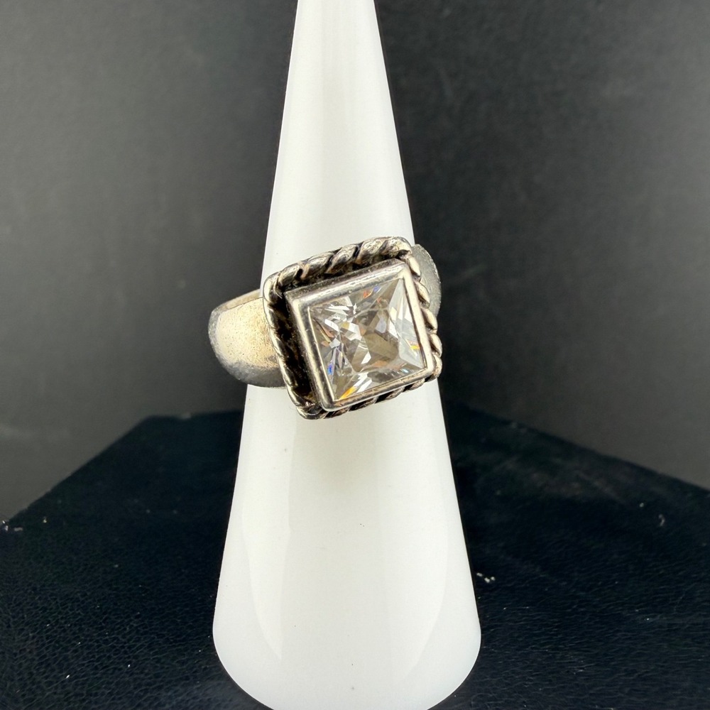 Vintage Silpada Cocktail Ring Silver Square Rhinestone Bezel Rope 6